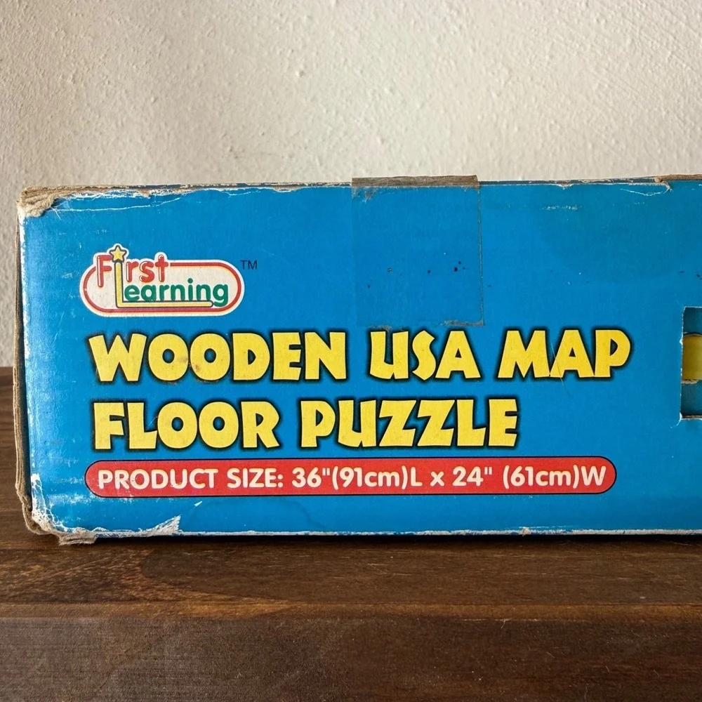 Vintage First Learning Wooden USA Map Floor Puzzle 26 Pcs 36x24 Complete OpenBox